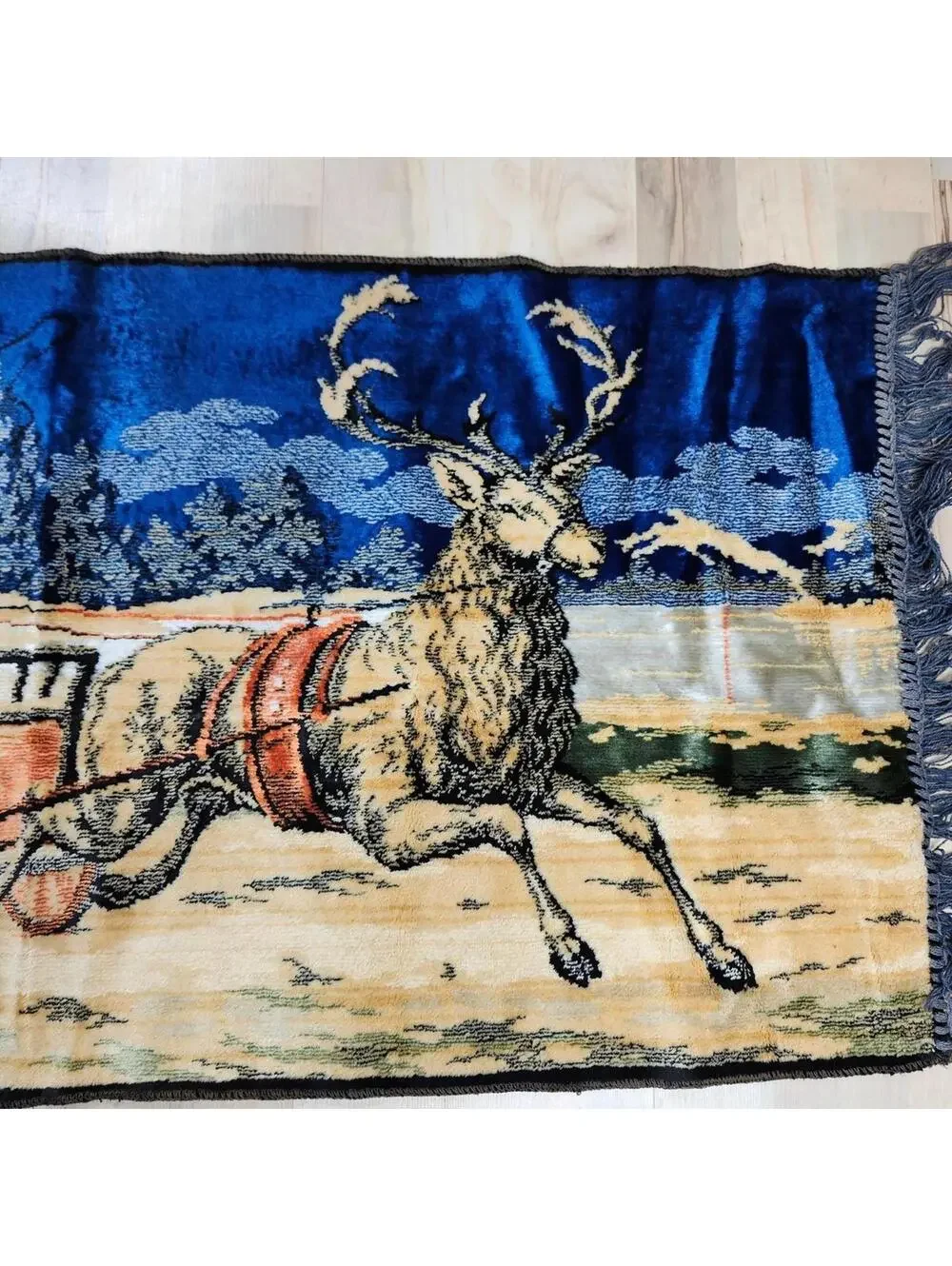 Vintage Tapestry Rug with Deer and Carriage Scene